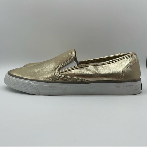 Sperry Seaside Metallic Gold Slip On Sneakers - Picture 2 of 4